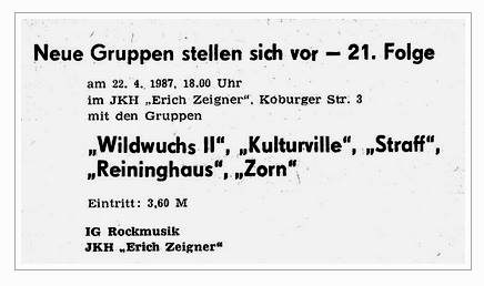 Anzeige LVZ zum Reininghaus Konzert am 22.04.1987 in Leipzig